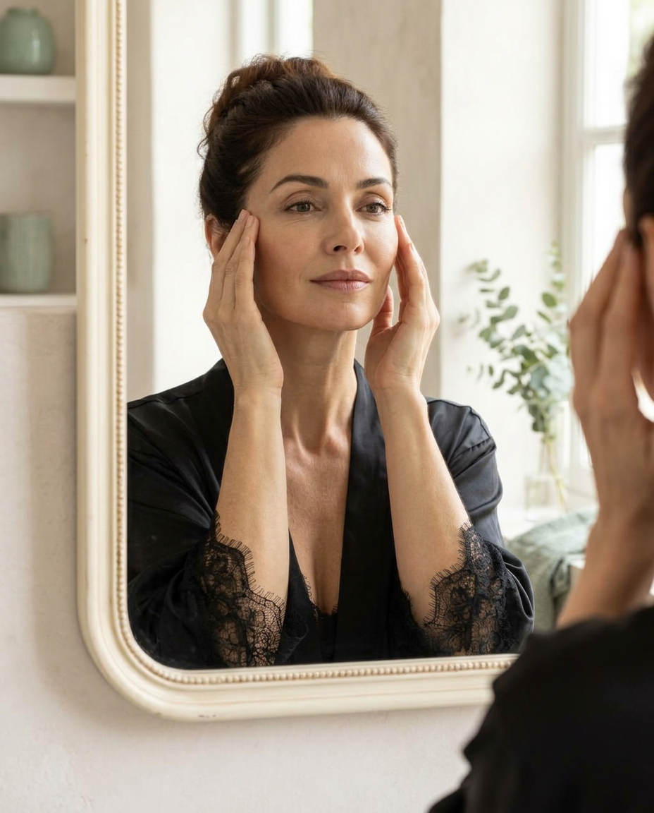 A woman practicing face yoga at a mirror in soft daylight
